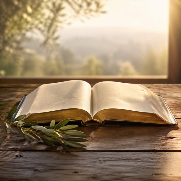 Aufgeschlagene Bibel mit Olivenzweig im Morgenlicht
