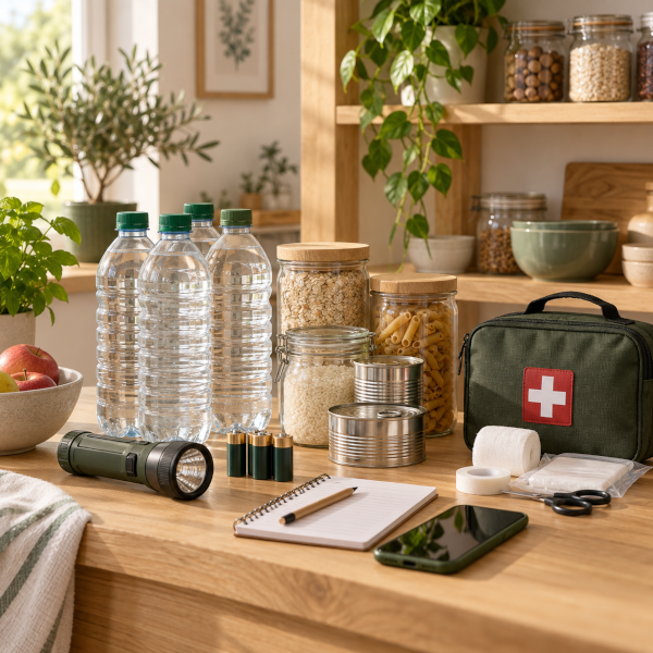 Geordnete Krisenvorräte mit Wasser, Lebensmitteln, Taschenlampe und Erste-Hilfe-Set