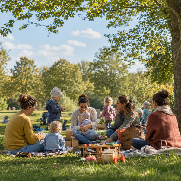 Familien mit kleinen Kindern bei einem Treffen im Park